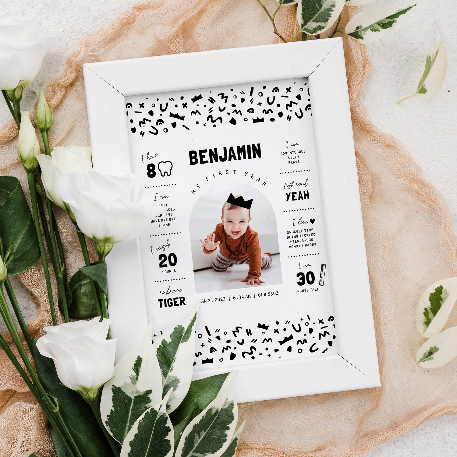 Framed milestone poster laying on top of piece of cloth and flowers