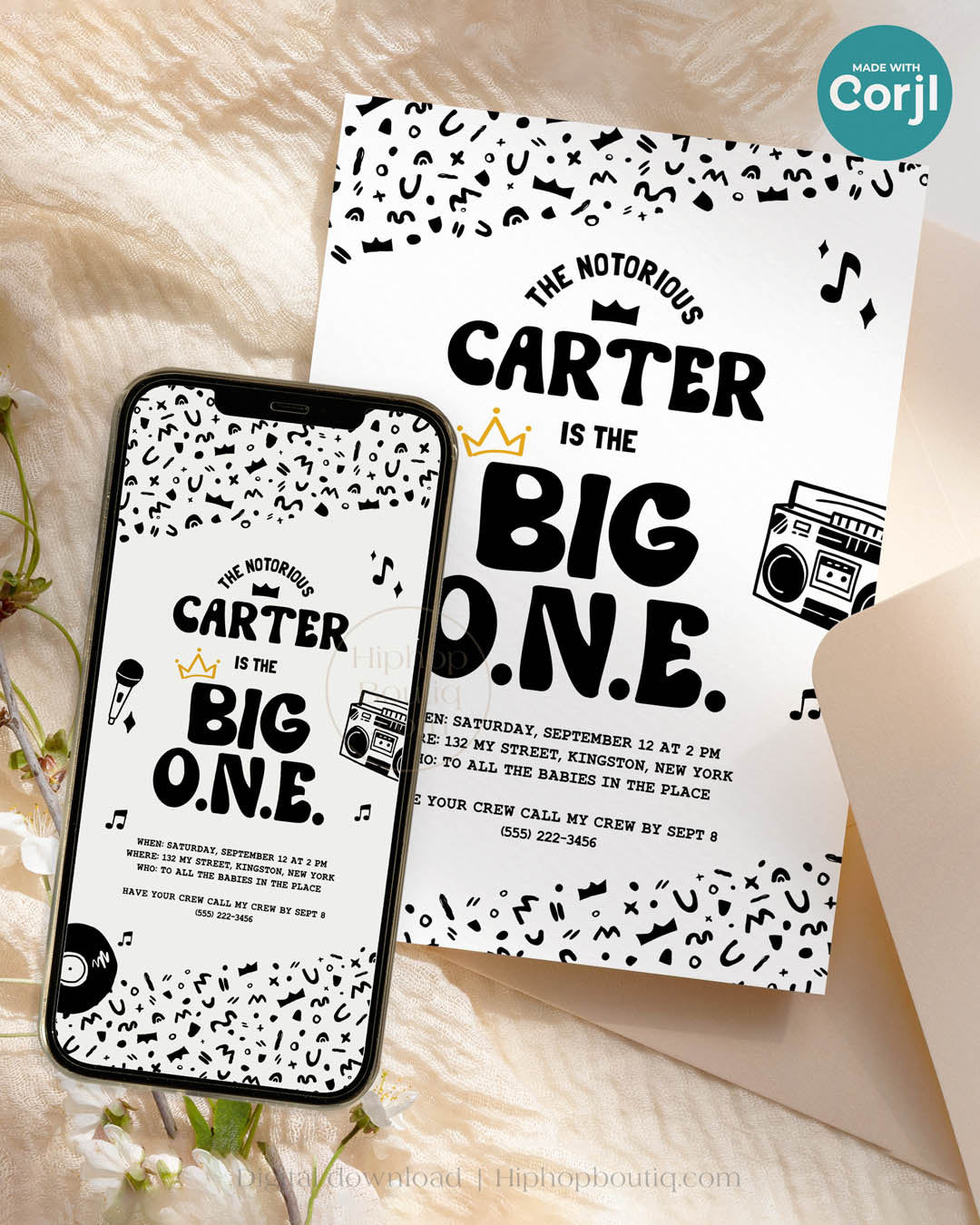 Hip-hop themed birthday invitation on a card, and digital invitation on a mobile phone displayed side by side. Both feature an editable 'The Big One' template with black & white squiggly pattern, 90s rap-themed illustrations, and a golden crown.