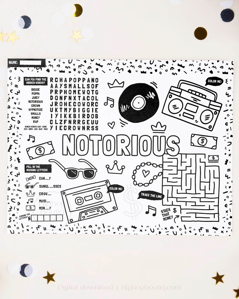 The Notorious One Birthday Activity Placemat