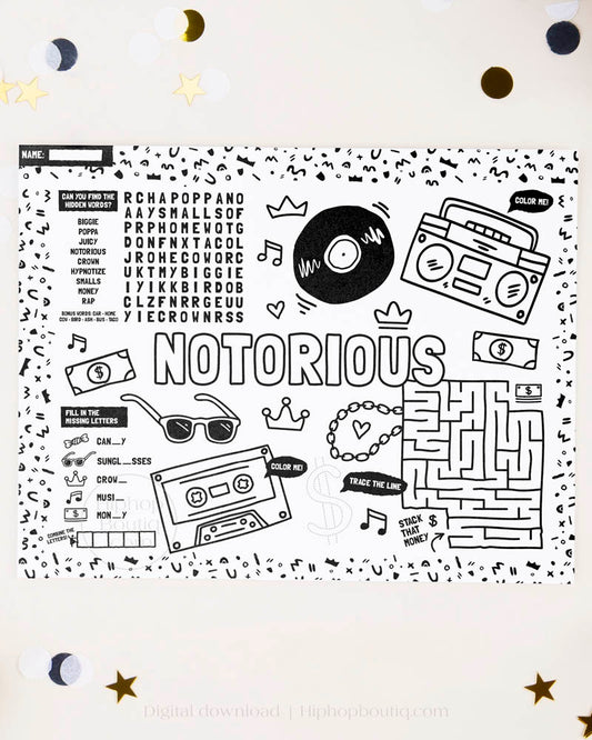 The Notorious One Birthday Activity Placemat
