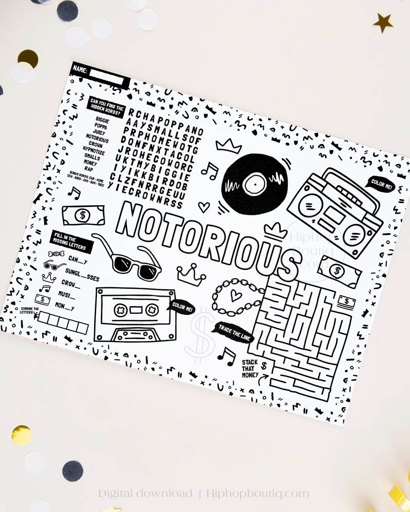 The Notorious One Birthday Activity Placemat