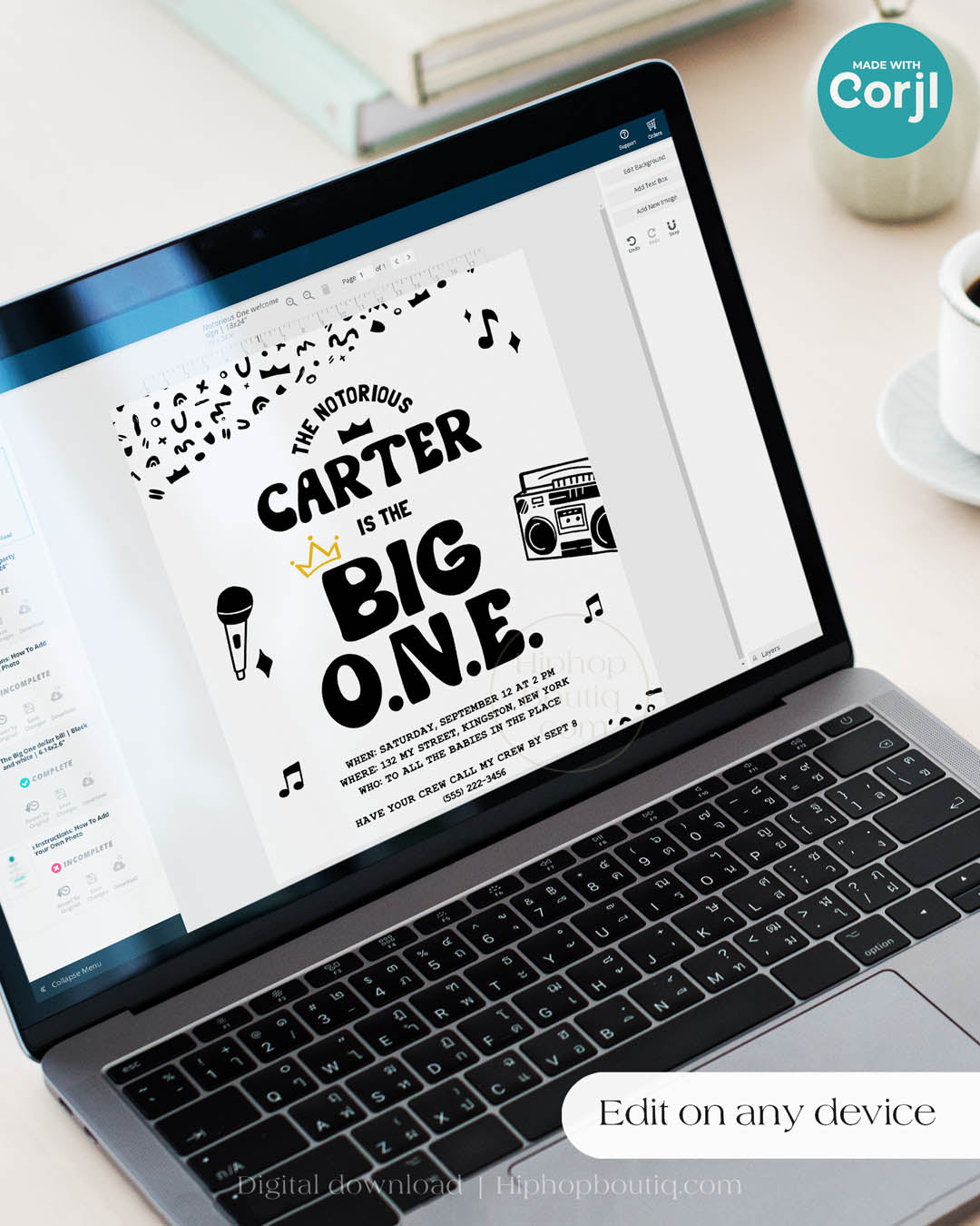 Laptop displaying an editable, hip-hop themed The Big One template. The design features a black and white squiggly pattern, 90s rap-themed illustrations, and a golden crown. Text reads: Edit on any device.