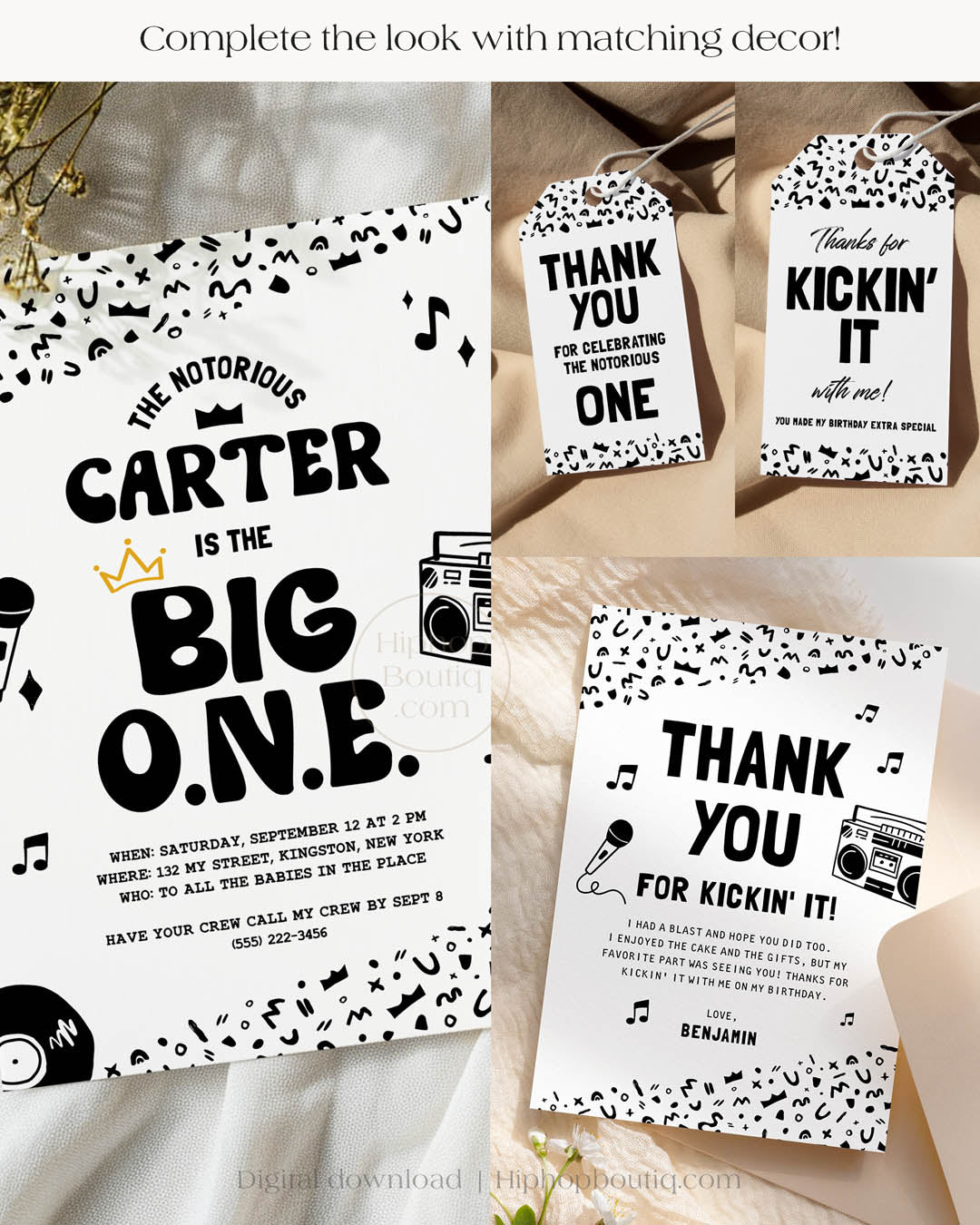 Hip-hop themed, printed birthday invitation card. The card features an editable The Big One design with a black and white squiggly pattern, 90s rap-themed illustrations, and a golden crown. Text reads: Complete the look with matching decor!