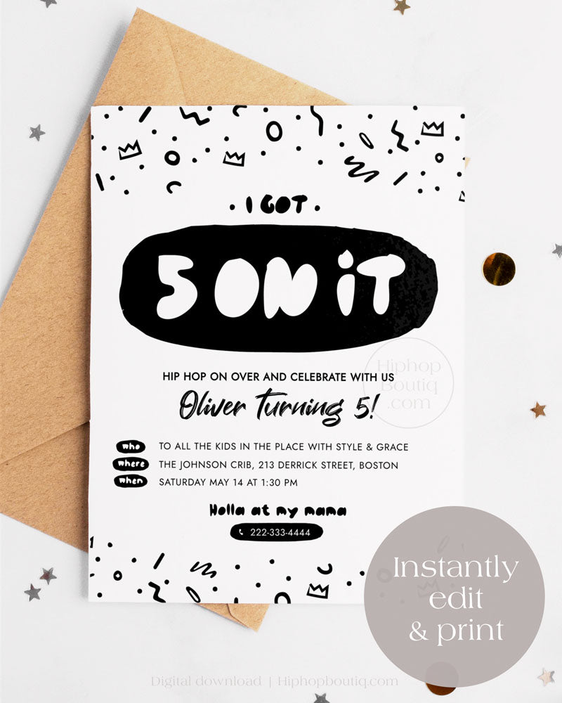 5th birthday invitation template | Hip hop party theme invite
