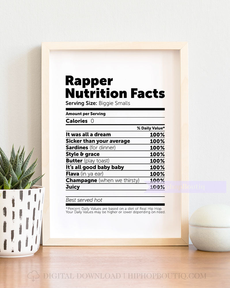 Rapper nutrition facts | Rap lyric kitchen sign | Funny hip hop kitchen art