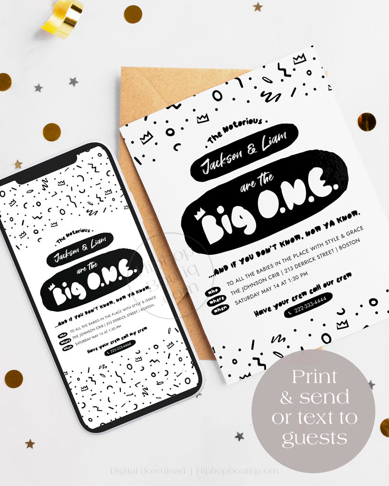 Twin first birthday invitation template | Editable Notorious one party invite