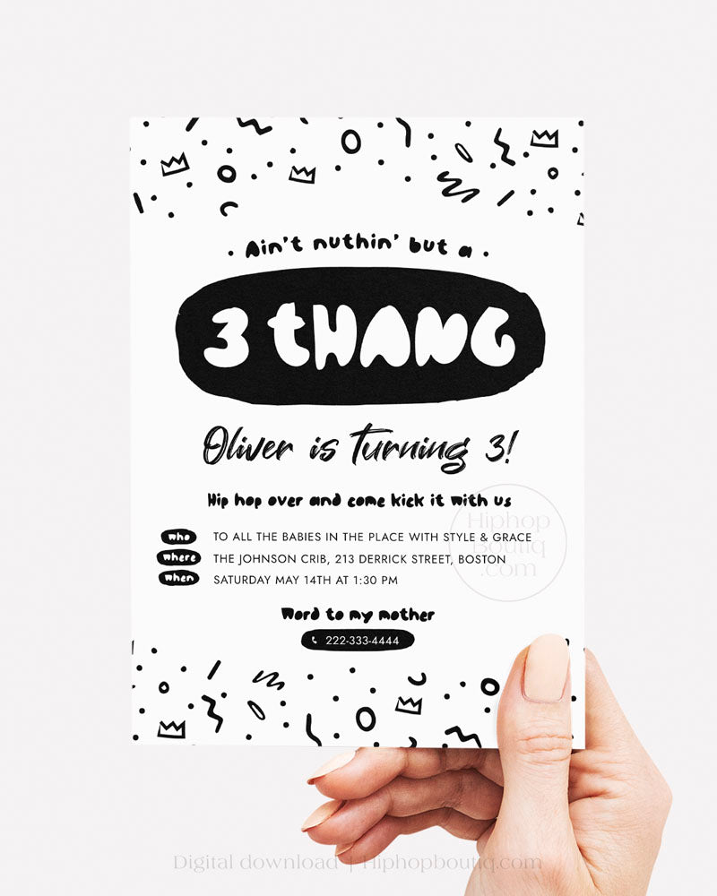 3 thang birthday invitation template | 90s rap theme party invite
