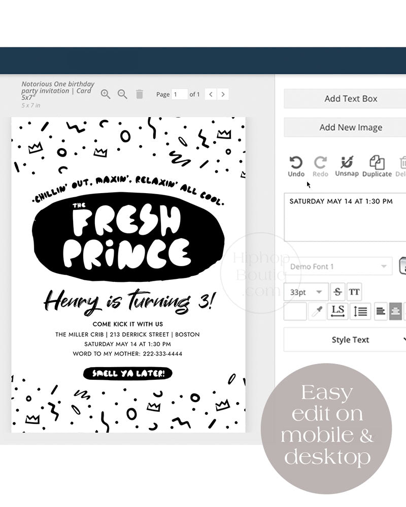 Fresh prince birthday invitation template | 90s hip hop party theme