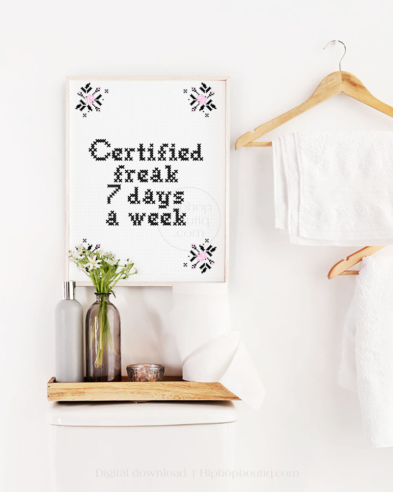 Certified freak 7 days a week | Funny rap lyrics cross stitch | Hip hop bathroom sign - HiphopBoutiq