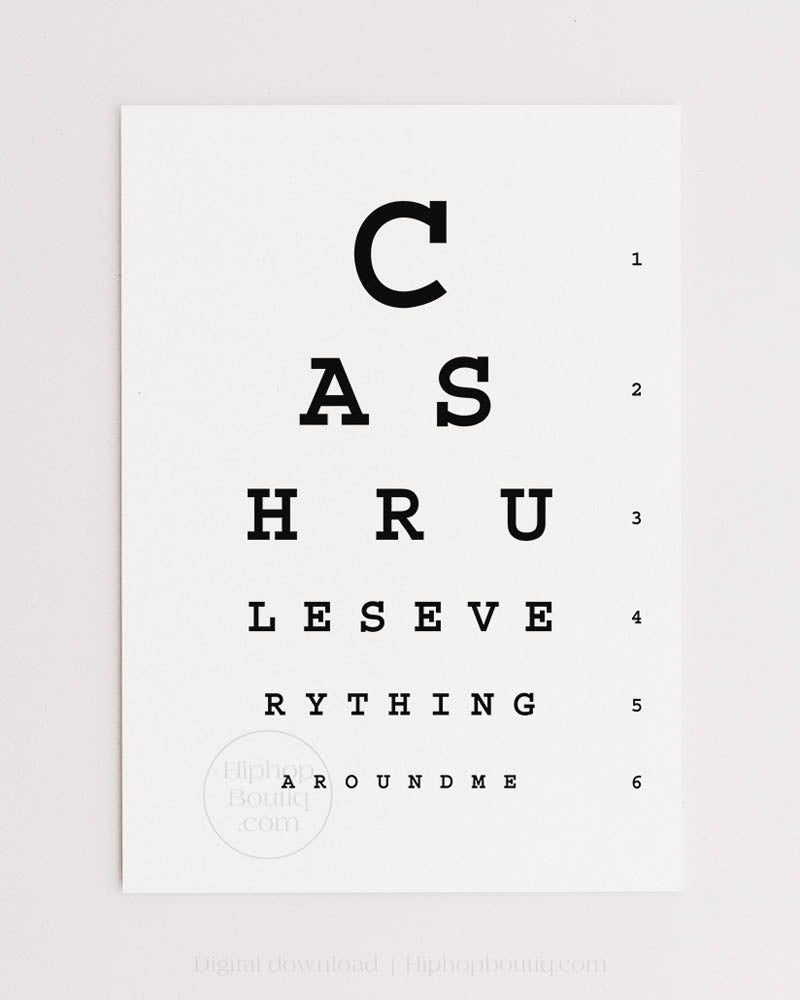 Cash rules everything around me lyrics poster | Hip hop office decor | Eye test chart for office - HiphopBoutiq
