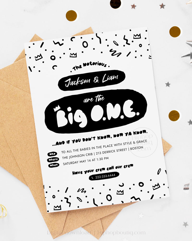 Twin first birthday invitation template | Editable Notorious one party invite