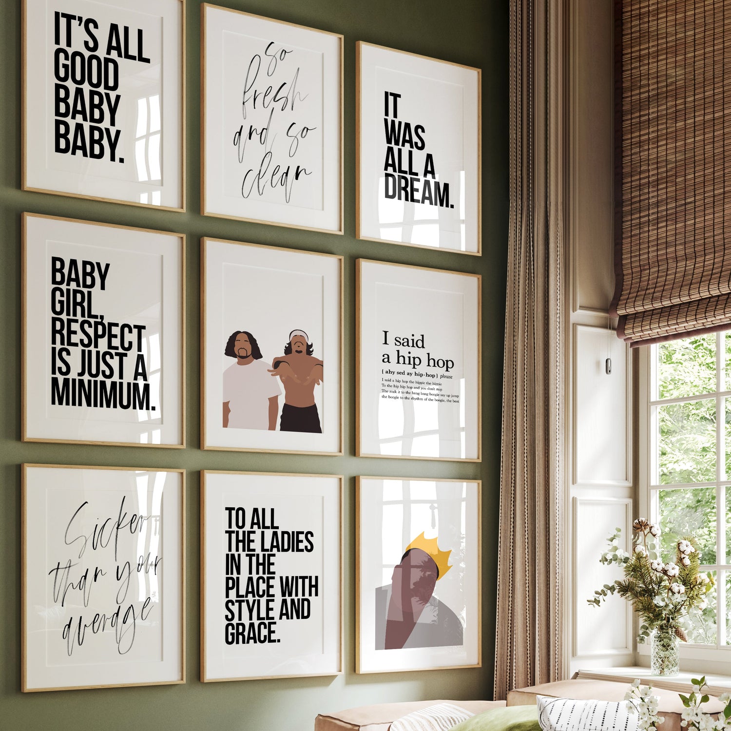 A series of hip hop-themed typographic posters hanging on a green living room wall