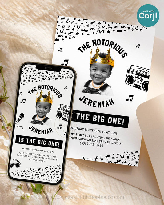 Hip-hop themed birthday invitation on a card, and digital invitation on a mobile phone displayed side by side. Both feature an editable 'Notorious One' template with black & white squiggly pattern and an image of a child wearing crown and gold chain.