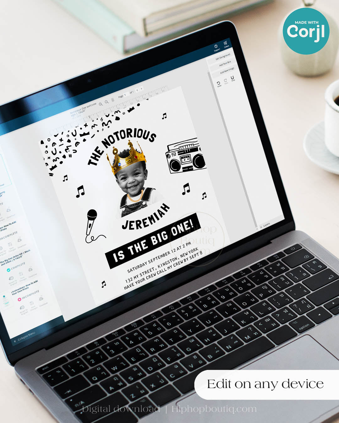 Laptop displaying an editable, hip-hop themed Notorious One template. The design has black and white geometric details and a squiggly pattern, and an image of a happy child wearing a crown and a gold chain. Text reads: Edit yourself on any device.