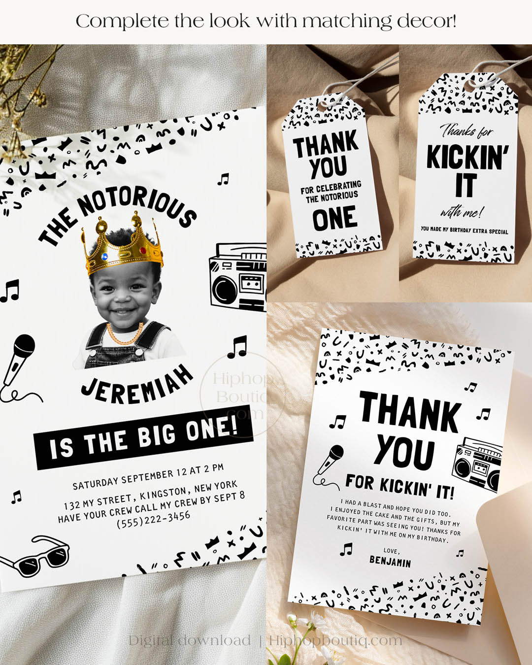 Hip-hop themed, printed birthday invitation card. The card features an editable Notorious One design with a black and white squiggly pattern, and an image of a happy child wearing a crown and a gold chain. Text reads: Complete the look.