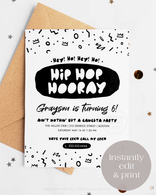 Hip hop hooray 6th birthday invitation | Party supplies card template