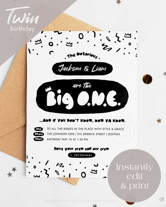 Twin first birthday invitation template | Editable Notorious one party invite