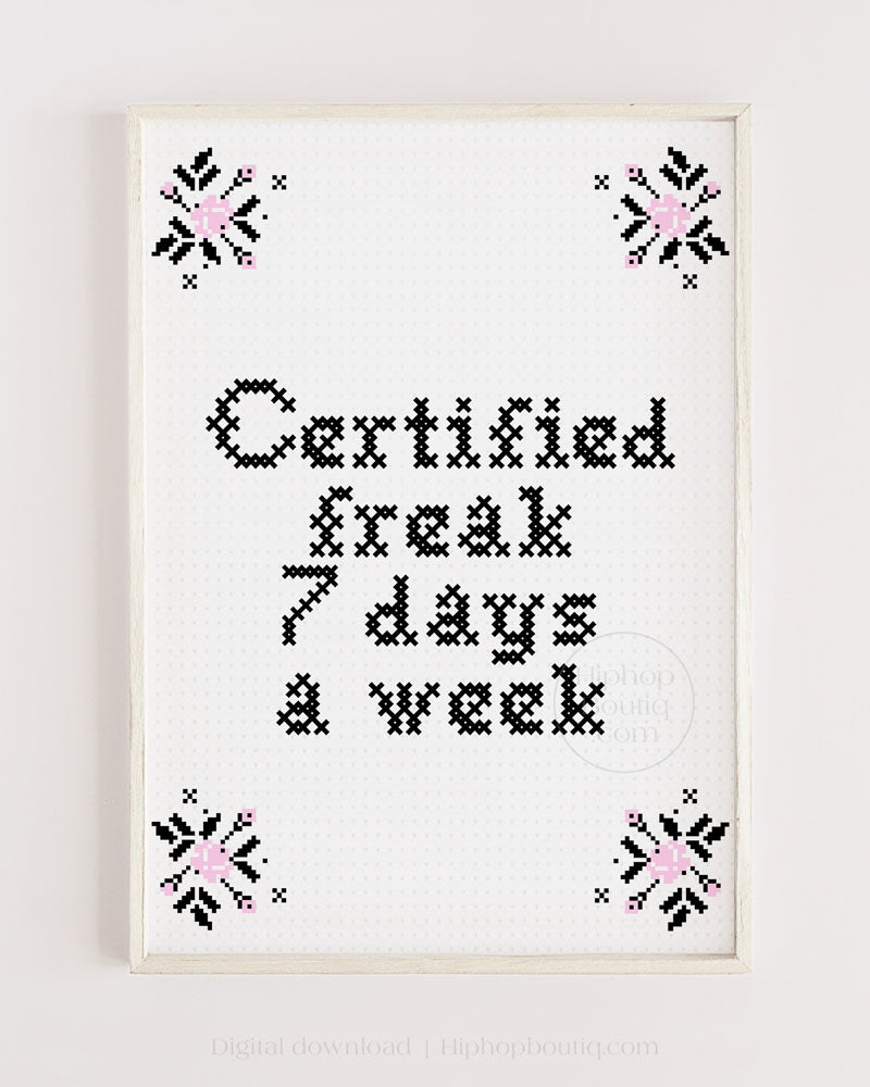 Certified freak 7 days a week | Funny rap lyrics cross stitch | Hip hop bathroom sign - HiphopBoutiq