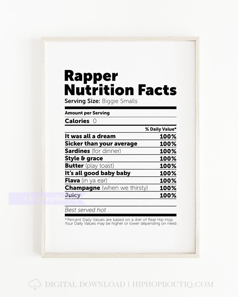 Rapper nutrition facts | Rap lyric kitchen sign | Funny hip hop kitchen art