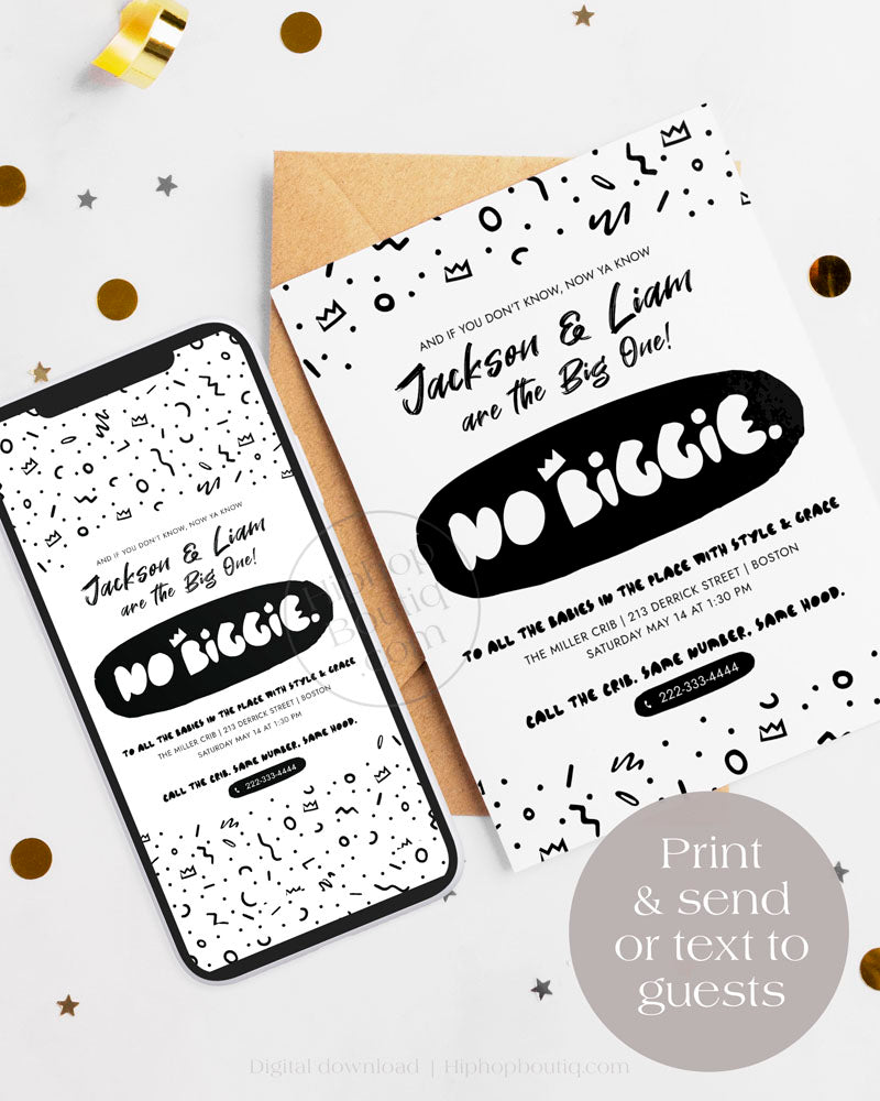 Twin 1st birthday invitation template | Editable Notorious one party invite