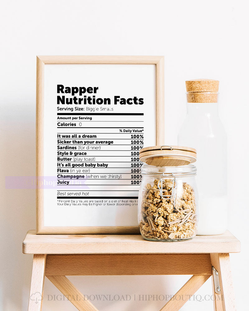 Rapper nutrition facts | Rap lyric kitchen sign | Funny hip hop kitchen art