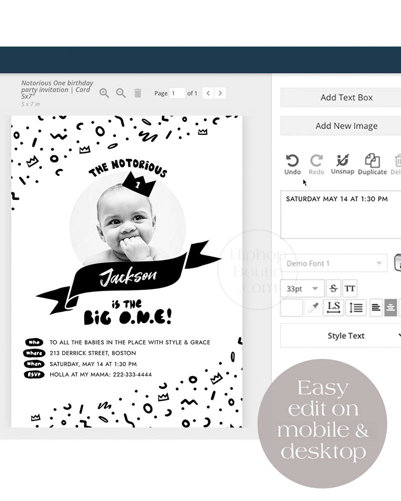 Notorious one birthday invite template | The big one party theme